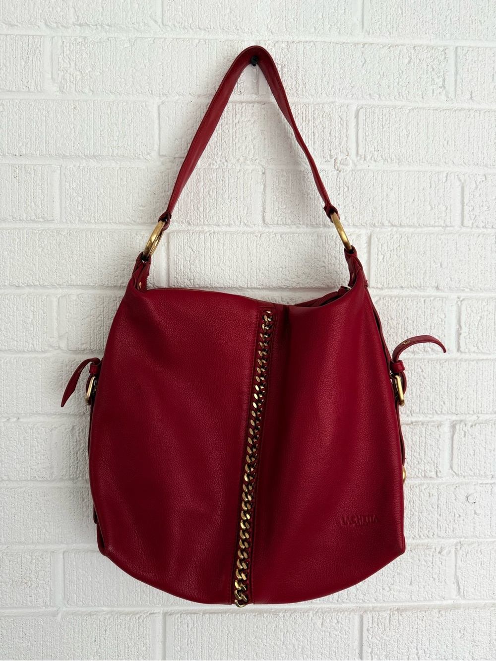 Deep Red Leather Shoulder Hobo with Central Gold Chain